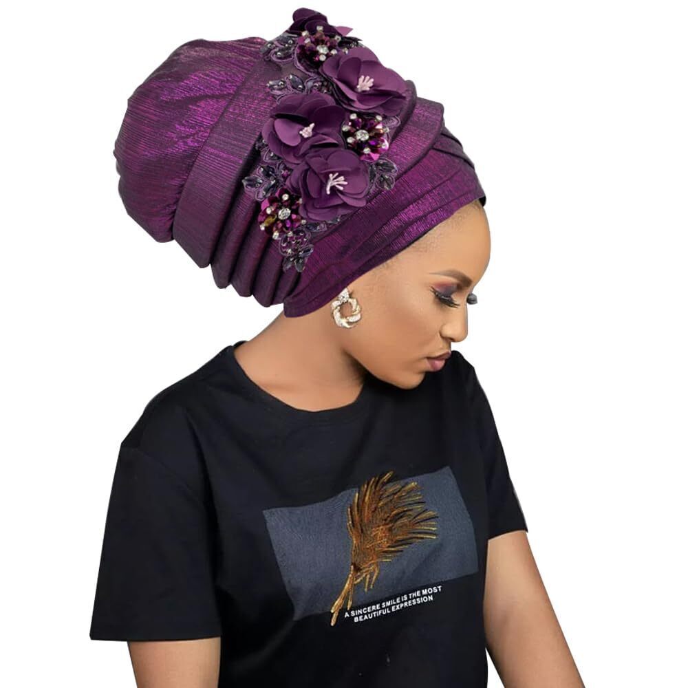 1673 Gold Color Turban Cap Diamonds Flower African Head Wraps Bonnet